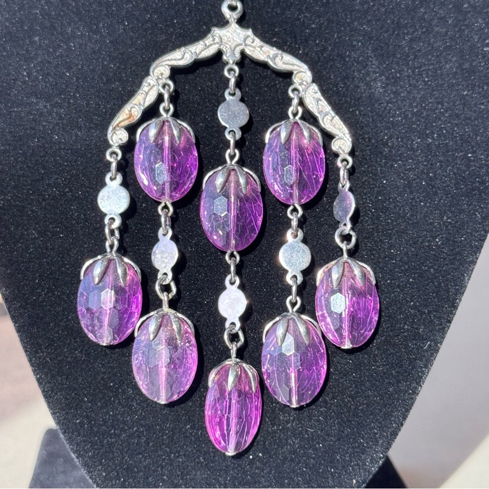 Sarah Coventry 70s Wisteria Silver Tone Necklace Waterfall Pendant Violet Beads - Picture 3 of 6